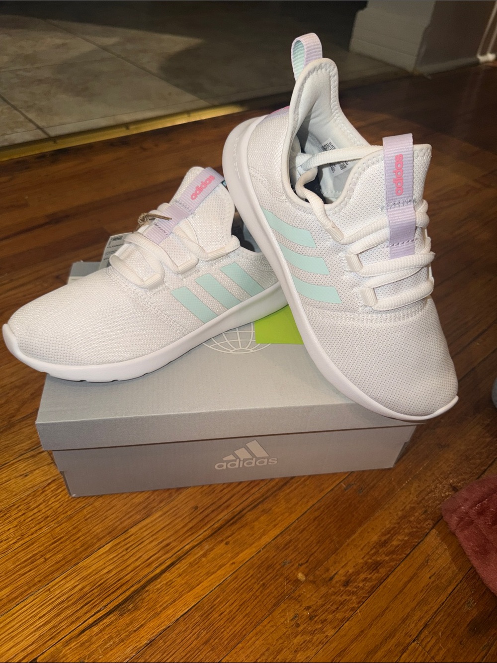 adidas women’s White Sneakers with Mint and Lilac Accents